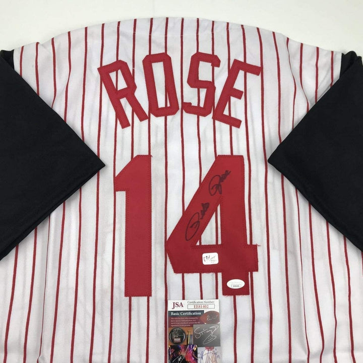 Autographed/Signed PETE ROSE Cincinnati Pinstripe Jersey JSA COA Auto
