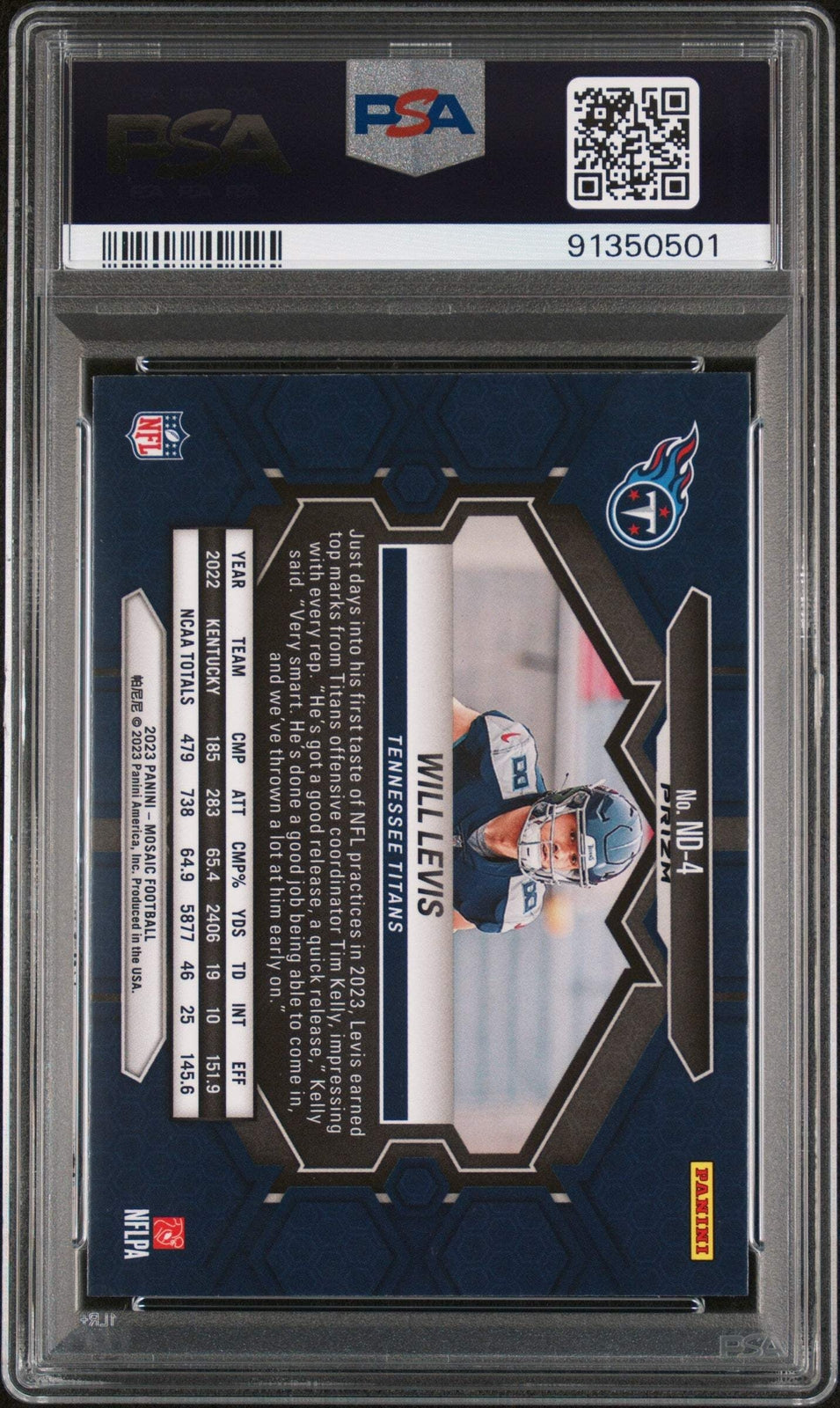 Graded 2023 Mosaic Will Levis #ND4 Debut Reactive Blue RC Football Card PSA 10