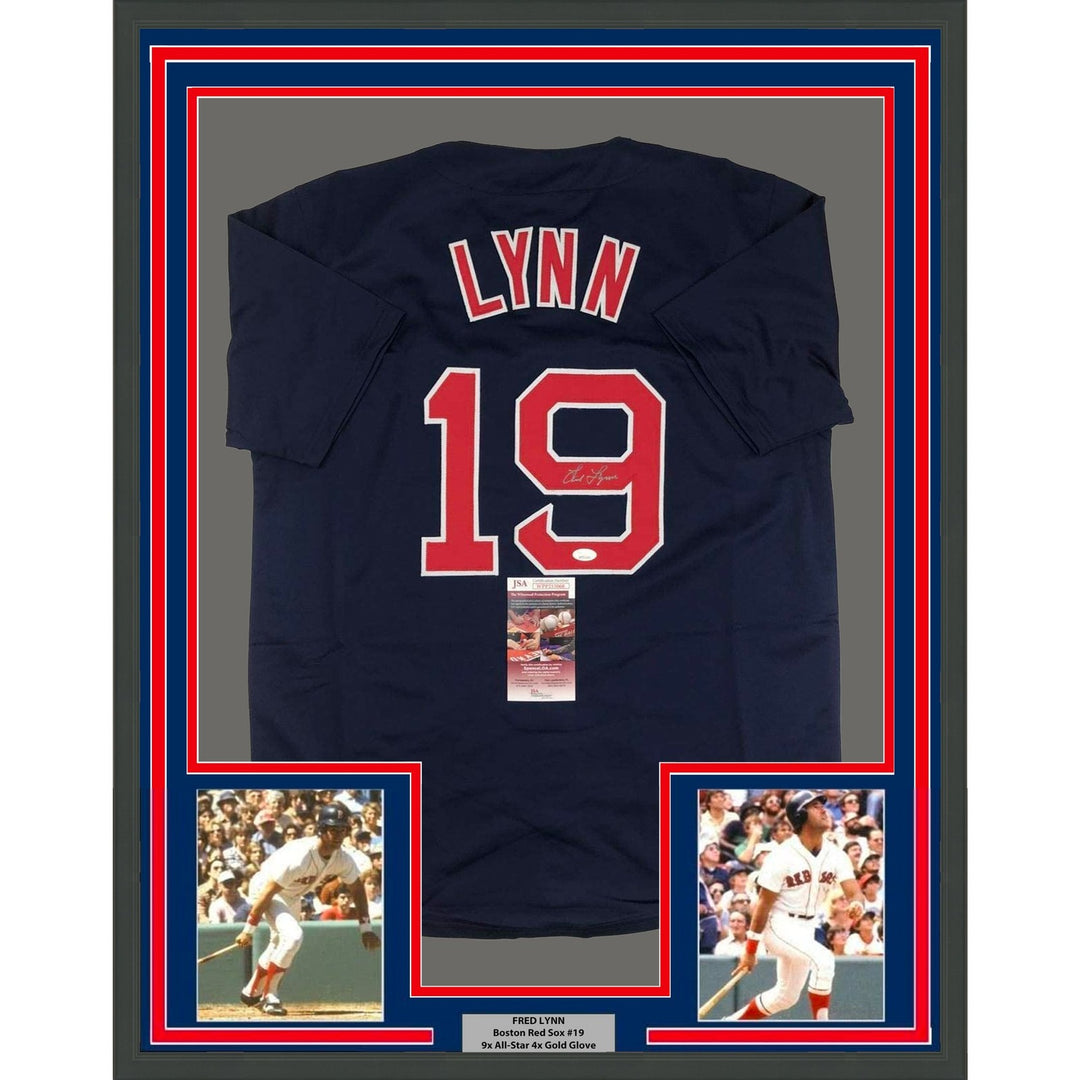 FRAMED Autographed/Signed FRED LYNN 33x42 Boston Blue Jersey JSA COA