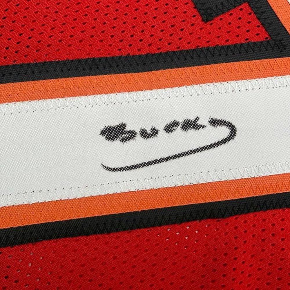 Framed Autographed/Signed Bucky Irving 35x39 Tampa Bay Red Jersey Beckett COA