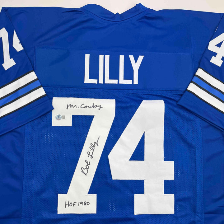 Autographed/Signed Bob Lilly HOF 80 Dallas Retro Blue Jersey JSA COA