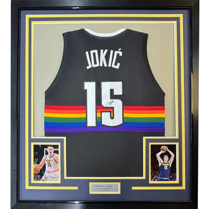 Framed Signed Nikola Jokic 35x39 Denver Black Rainbow Jersey JSA COA
