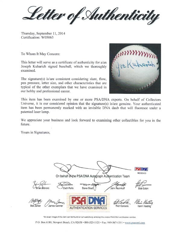 Joseph Kuharich Auto Official NL Giles Baseball Notre Dame Fighting Irish PSA
