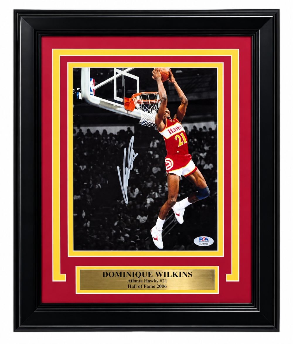 Dominique Wilkins Signed Framed 8x10 Atlanta Hawks Spotlight Reverse Dunk PSA