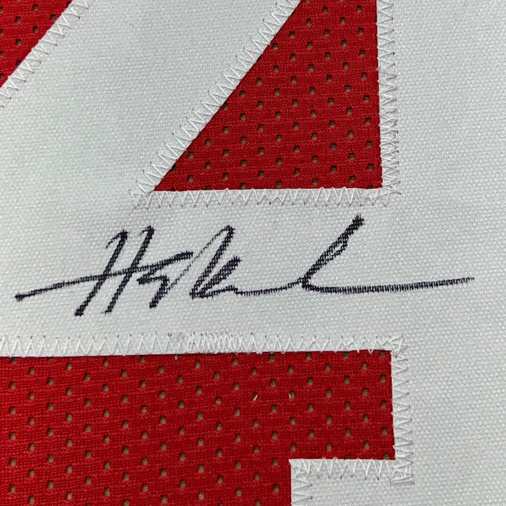 Framed Autographed/Signed Hakeem Olajuwon 33x42 Houston Red Jersey BAS COA