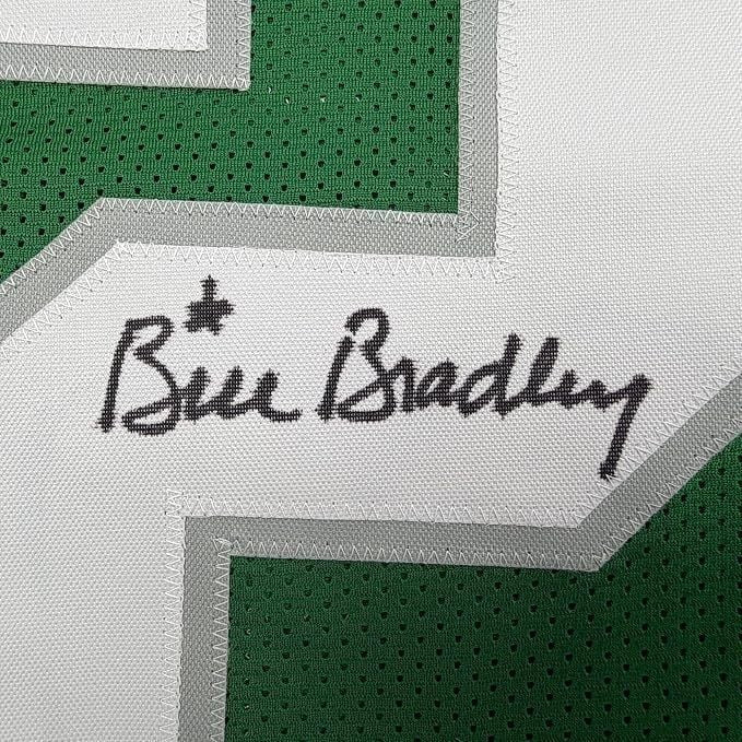 Framed Autographed Bill Bradley 35x39 Philadelphia Kelly Green Jersey BAS COA