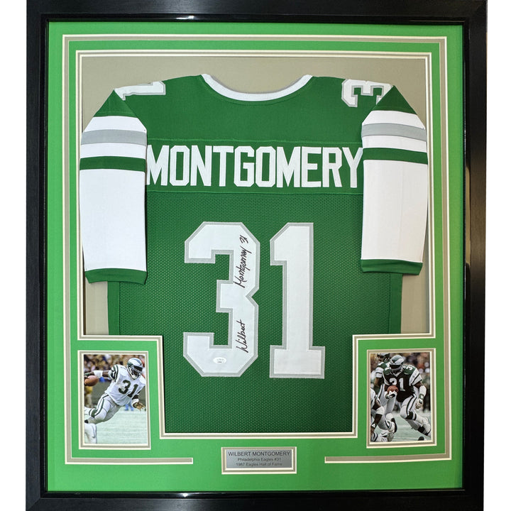 Framed Autographed/Signed Wilbert Montgomery 33x42 Philly Green Jersey JSA COA