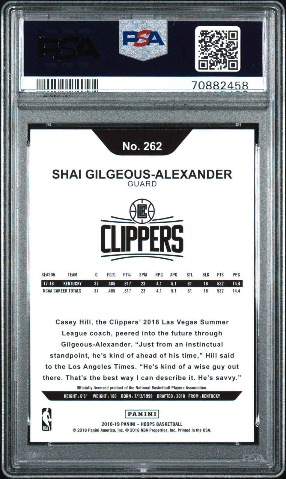 Graded 2018 Panini Hoops Shai Gilgeous-Alexander #262 RC Basketball Card PSA 10