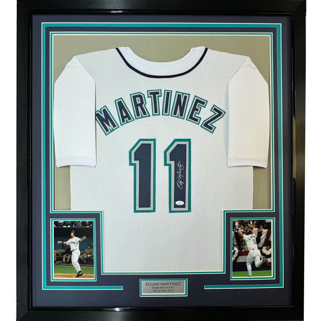 Framed Autographed/Signed Edgar Martinez 35x39 Seattle White Jersey JSA COA