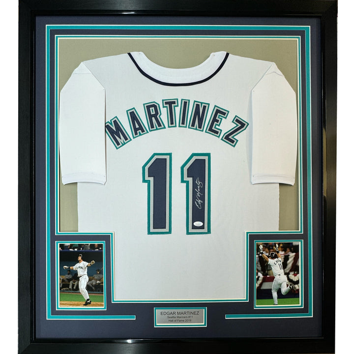 Framed Autographed/Signed Edgar Martinez 35x39 Seattle White Jersey JSA COA