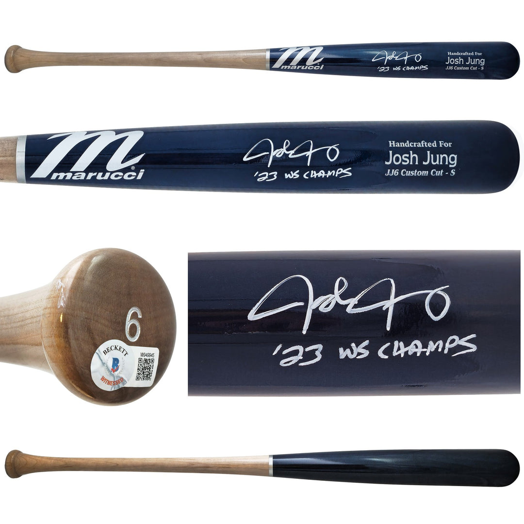 Josh Jung Auto Navy/Grey Marucci Player Model Bat Rangers "23 WS Champs" Beckett