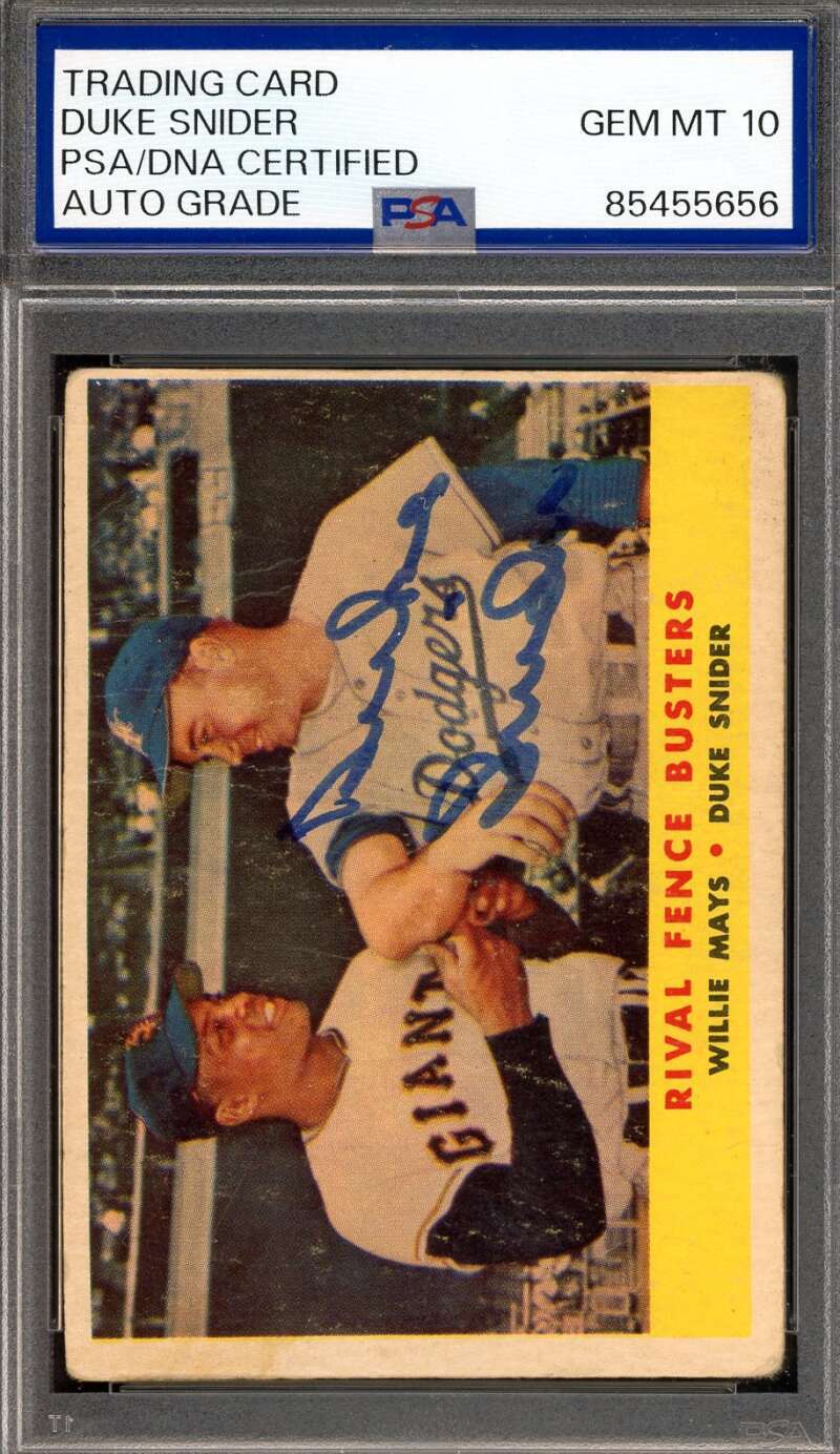Duke Snider Gem Mint 10 PSA DNA Signed 1958 Topps Rival Fence Busters Auto