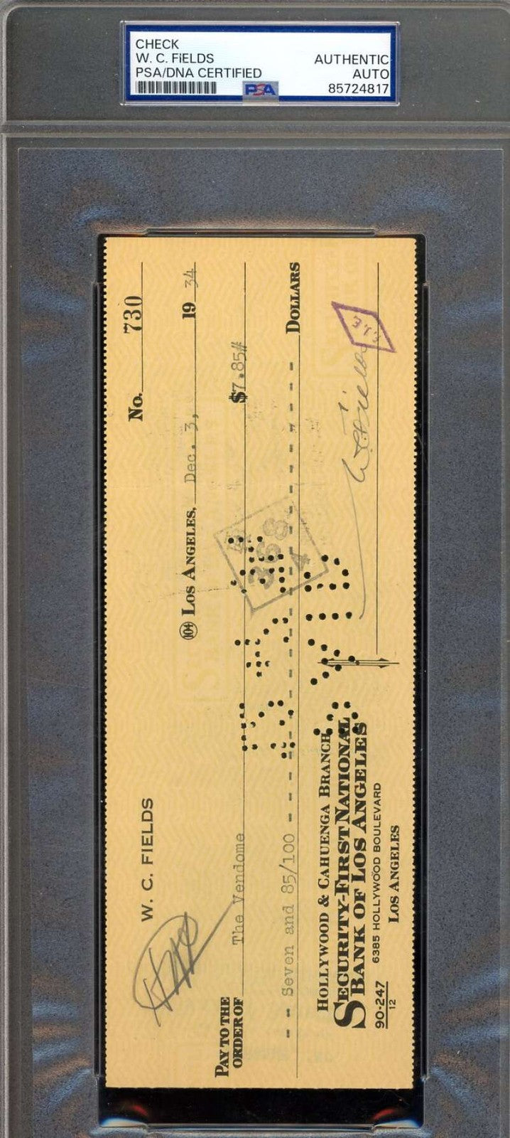 WC Fields PSA DNA Coa Signed 1934 Personal Check Autograph