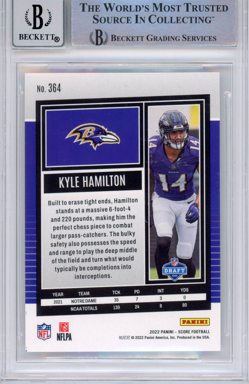Kyle Hamilton Autographed 2022 Score #364 (Grade 10 ) Beckett Slabbed 39936