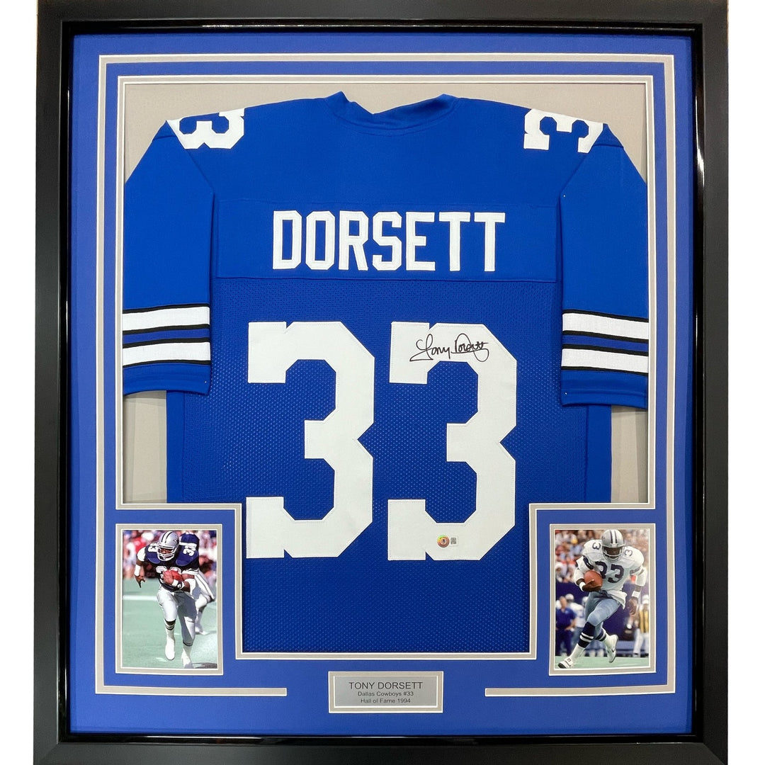 Framed Signed Tony Dorsett 35x39 Dallas Retro Blue Jersey JSA COA