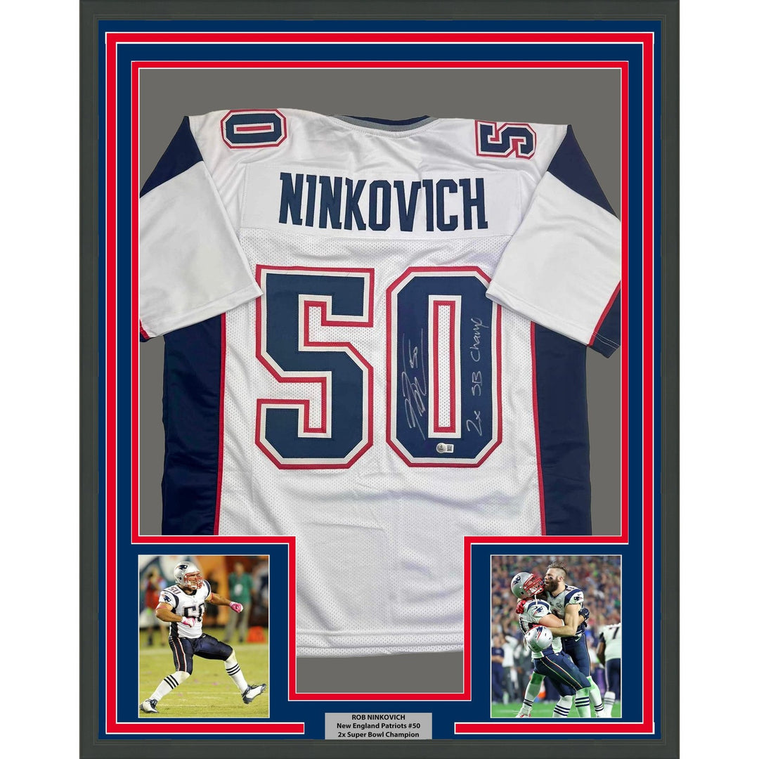 Framed Autographed/Signed Rob Ninkovich 35x39 New England White Jersey COA