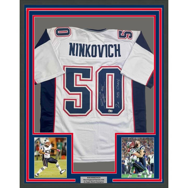 Framed Autographed/Signed Rob Ninkovich 35x39 New England White Jersey COA