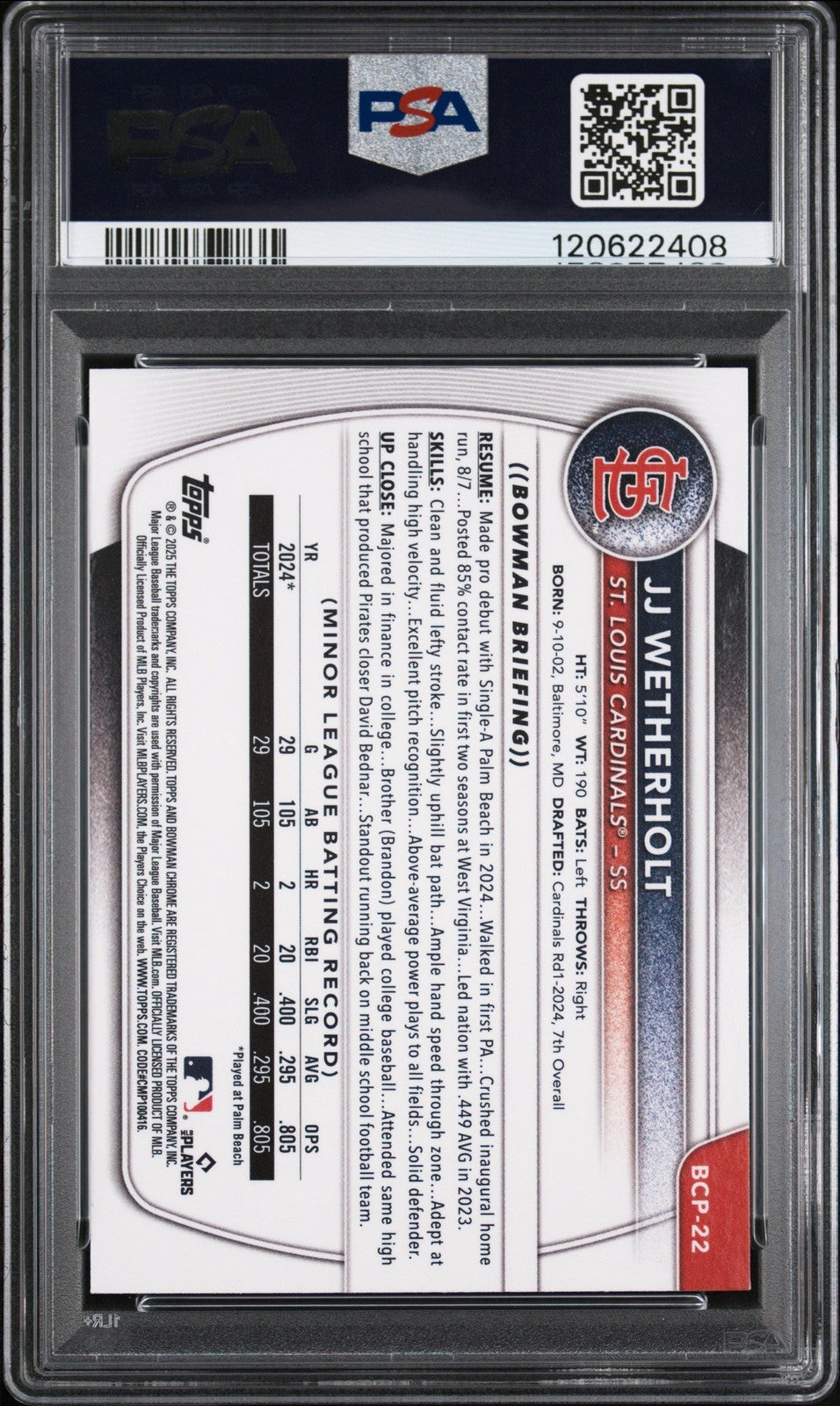 Graded 2025 Bowman JJ Wetherholt #BCP22 Chrome Prospects RC Card PSA 9