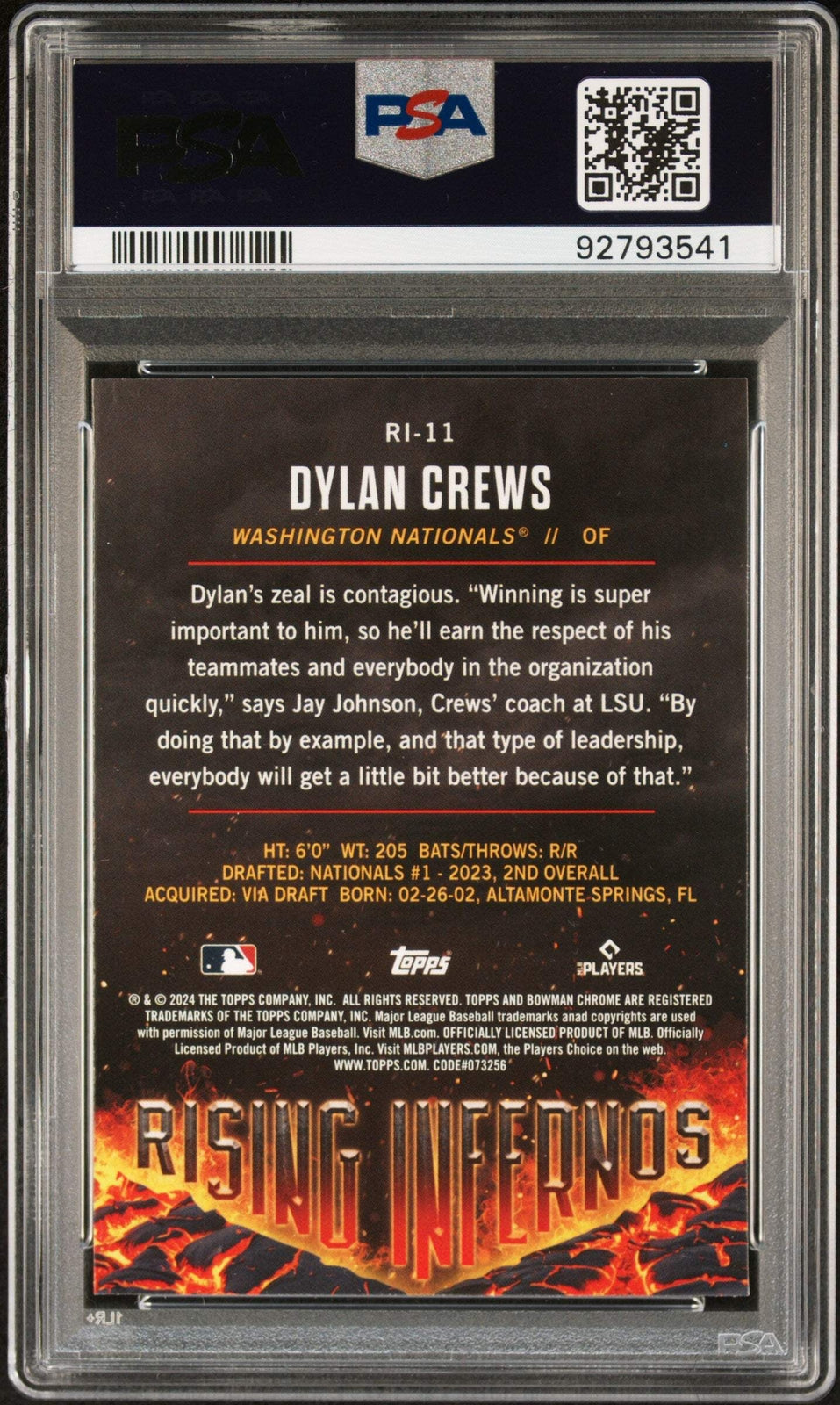 Graded 2024 Bowman Dylan Crews #RI11 Rising Infernos RC Baseball Card PSA 10