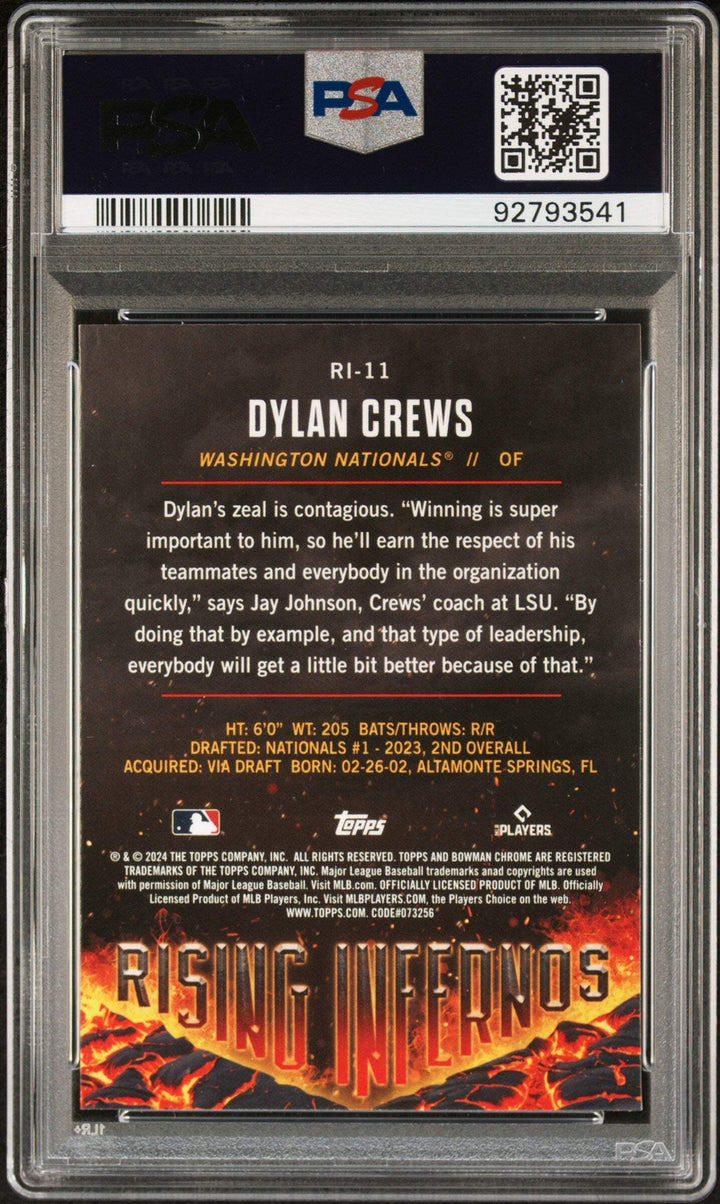 Graded 2024 Bowman Dylan Crews #RI11 Rising Infernos RC Baseball Card PSA 10