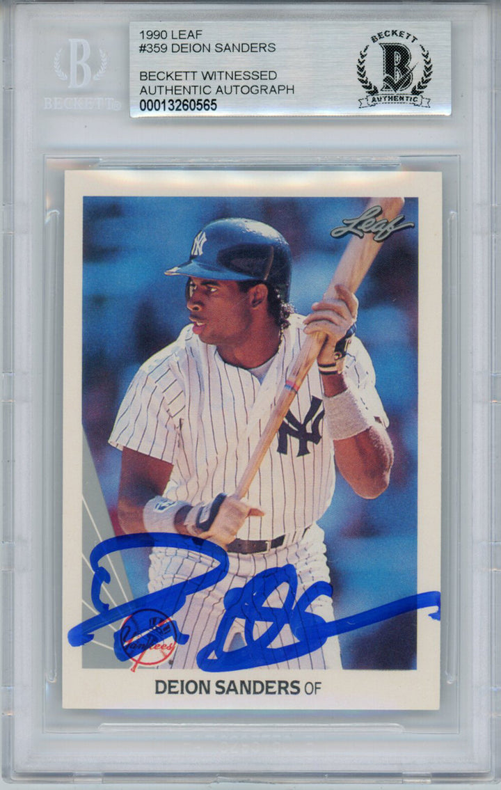 Deion Sanders Autographed/Signed 1990 Leaf Trading Card BAS Slab 32092
