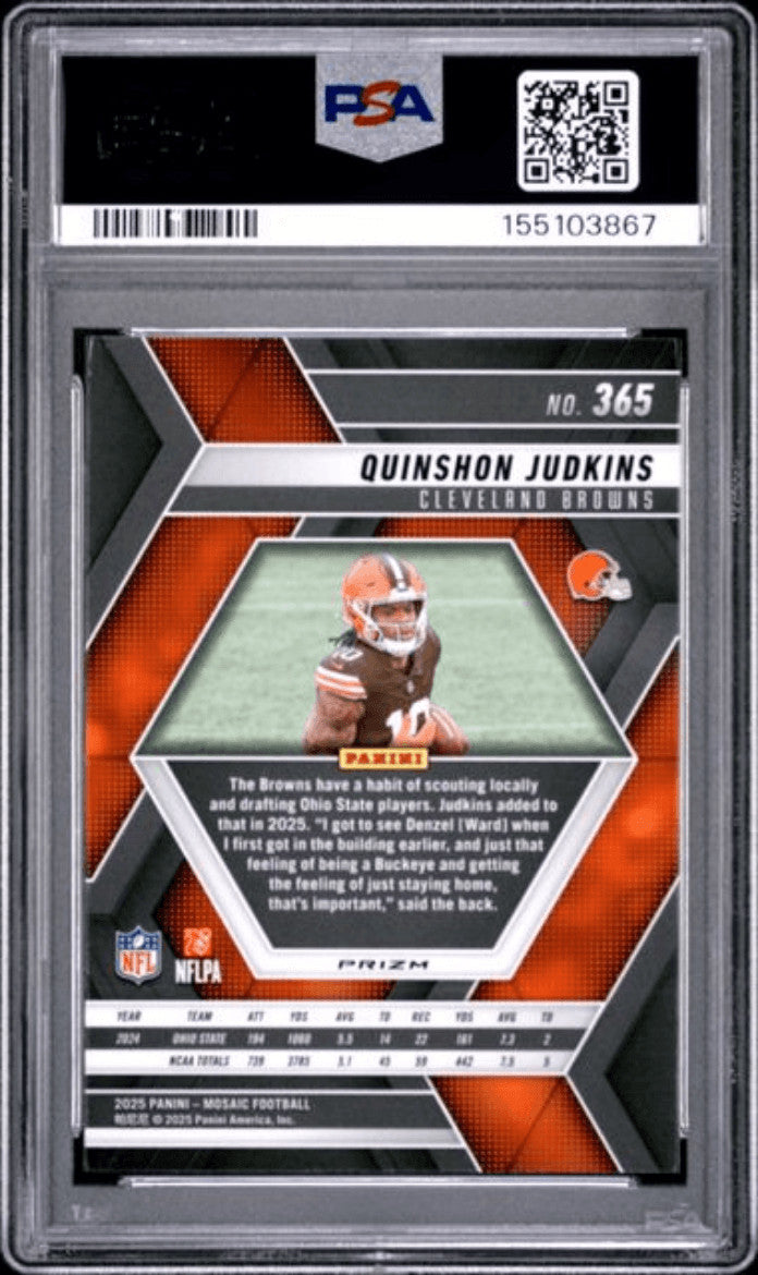 Graded 2025 Mosaic Quinshon Judkins #365 Reactive Blue Rookie Card PSA 10