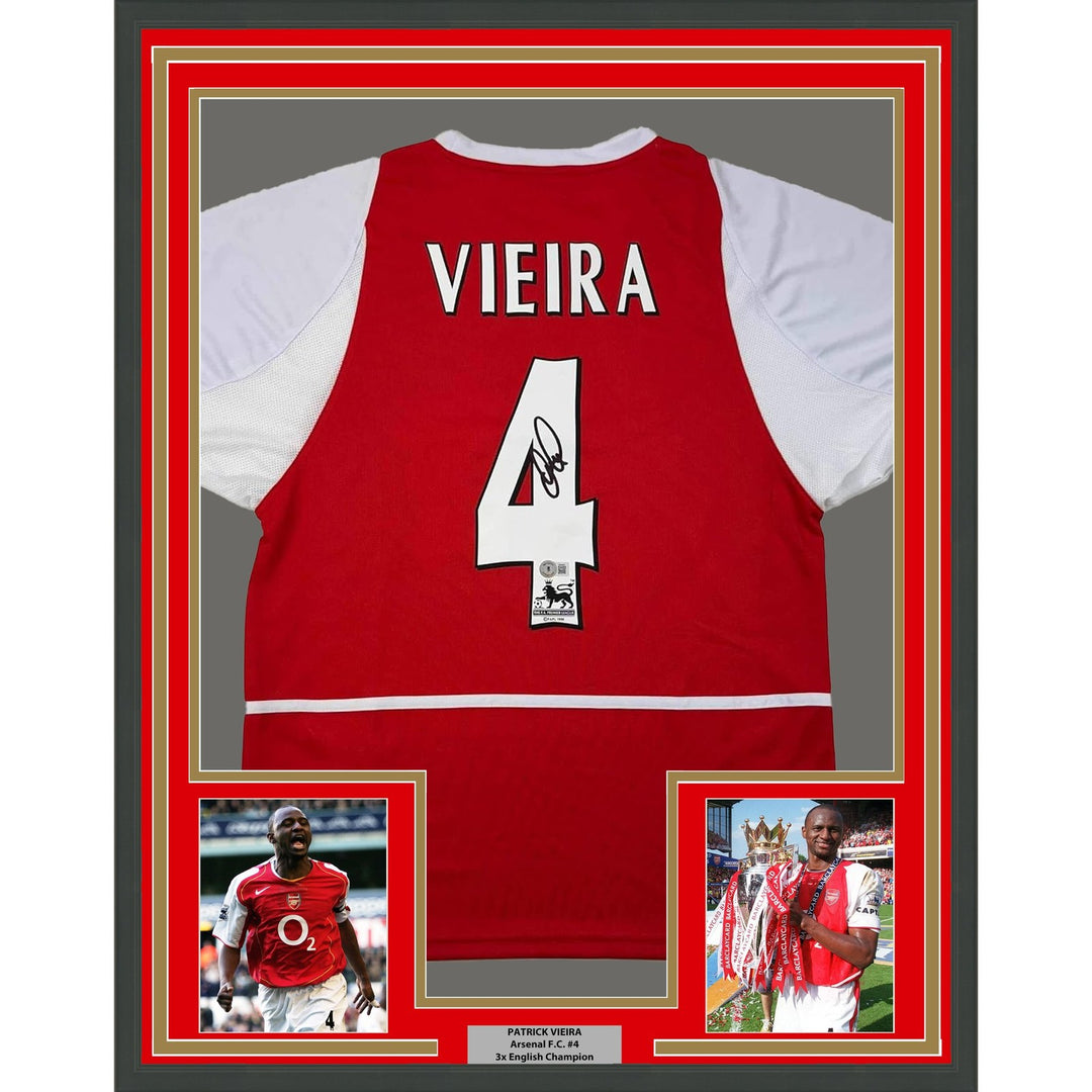 Framed Autographed/Signed Patrick Vieira 35x39 Arsenal Red Jersey BAS COA