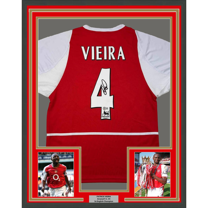 Framed Autographed/Signed Patrick Vieira 35x39 Arsenal Red Jersey BAS COA