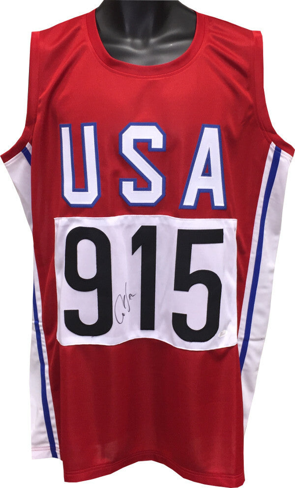 Carl Lewis signed Red Team USA Custom Stitched Pro Style Track & Field #915 JSA