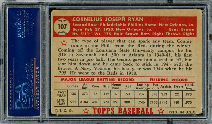 Connie Ryan Signed 1952 Topps Card 107 Philadelphia Phillies PSA/DNA #83313468