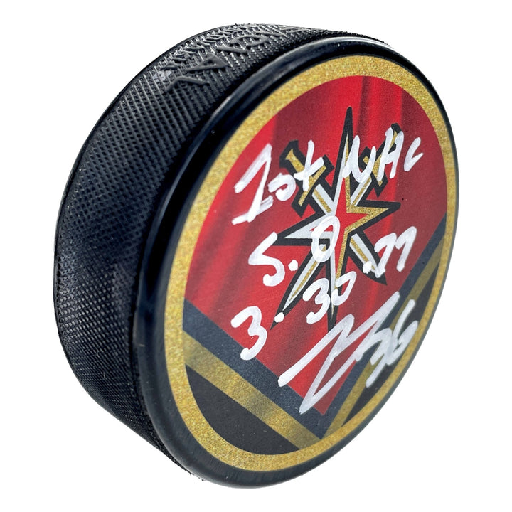 Logan Thompson Signed Vegas Golden Knights Retro Puck Inscribed 1st Save COA IGM