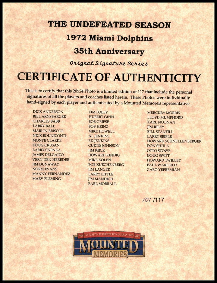 1972 Dolphins Perfect Season Team Auto 20x24 Photo 40+ Sigs Shula #/117 Fanatics