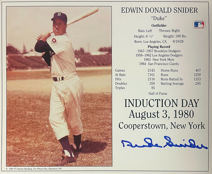 Duke Snider signed Dodgers MLB Hall of Fame Induction Day 8x10 Photo/Card- COA