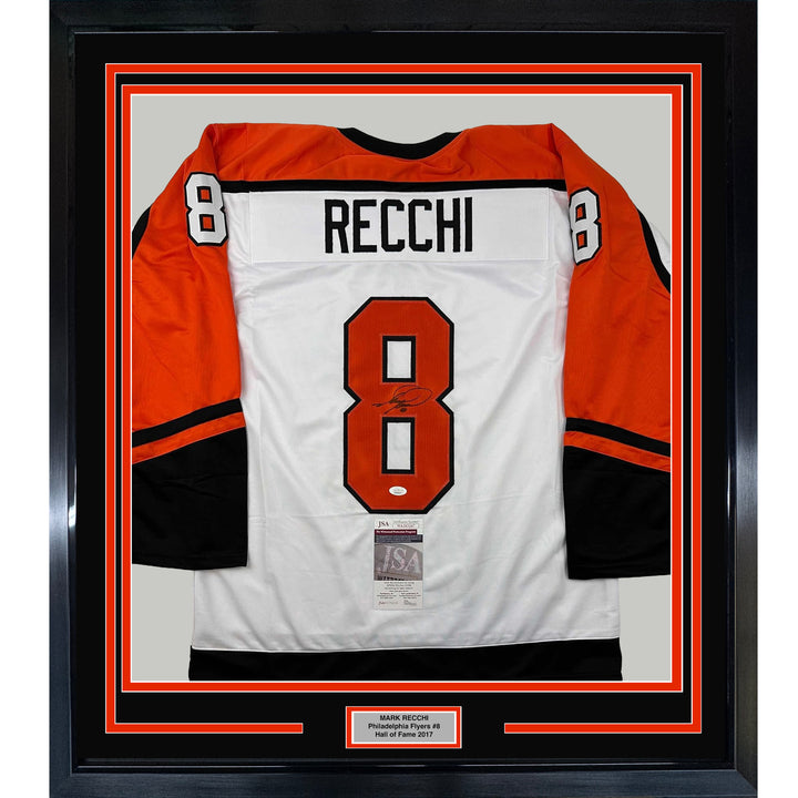 Framed Autographed/Signed Mark Recchi 33x42 Philadelphia White Jersey JSA COA