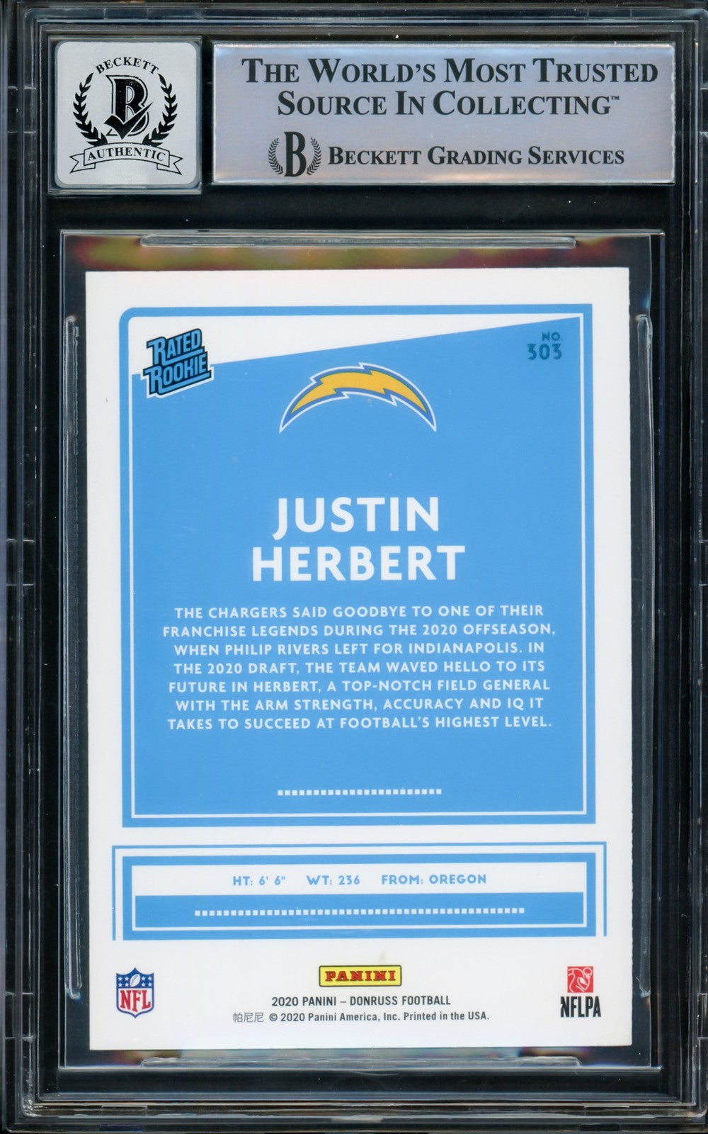 Justin Herbert Signed 2020 Panini Donruss Rated Yellow RC 303 Sig 10 Beckett