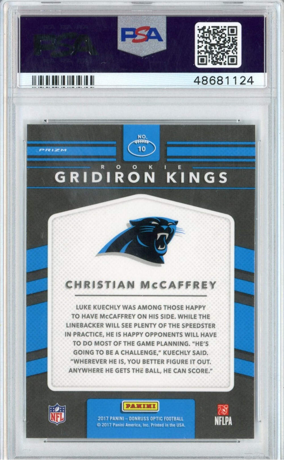 Graded 2017 Donruss Optic Christian McCaffrey #10 Rookie GK Football Card PSA 10