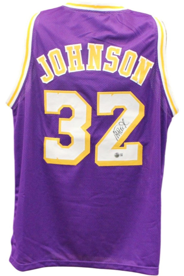 Magic Johnson Autographed/Signed Pro Style Sz XL Purple Jersey Beckett W 55360
