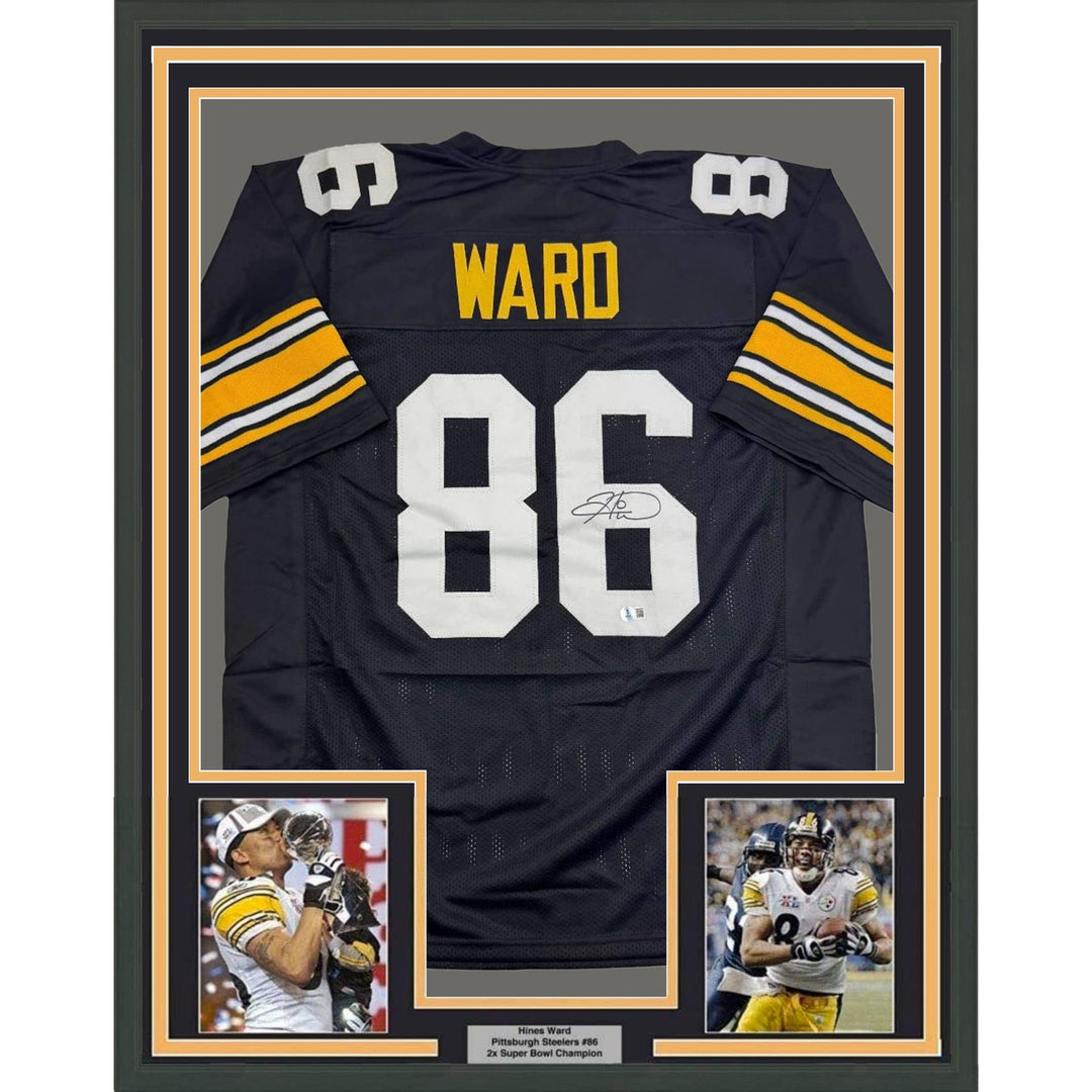 Framed Signed Hines Ward 35x39 Pittsburgh Black Retro Jersey COA