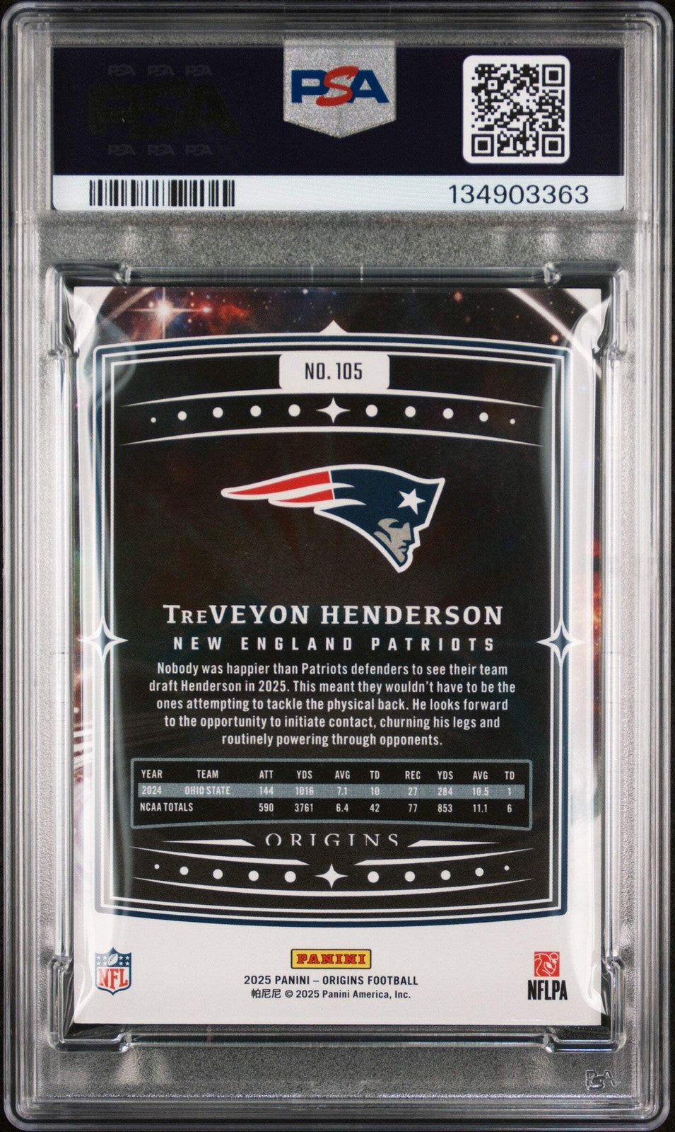Graded 2025 Panini Origins TreVeyon Henderson #105 Rookie Football Card PSA 10