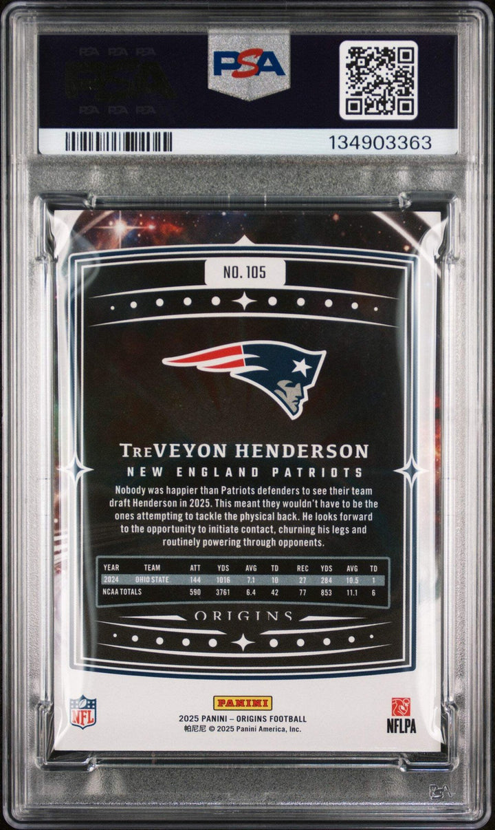 Graded 2025 Panini Origins TreVeyon Henderson #105 Rookie Football Card PSA 10