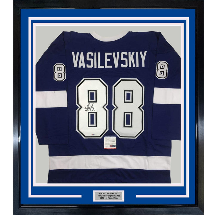 Framed Signed Andrei Vasilevskiy 35x39 Tampa Bay Blue Jersey PSA COA