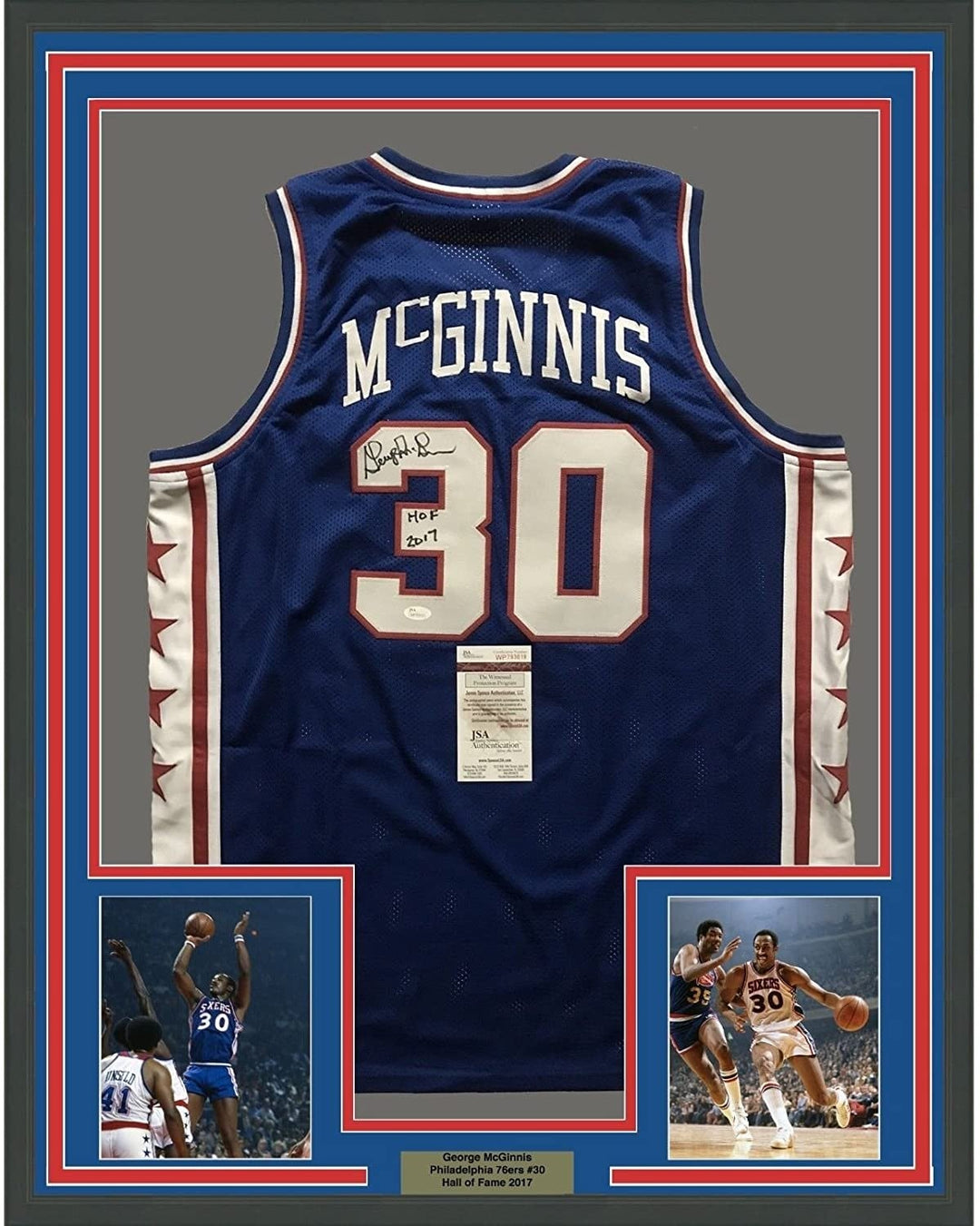 FRAMED Signed GEORGE MCGINNIS 35x39 Philadelphia Blue Jersey JSA COA