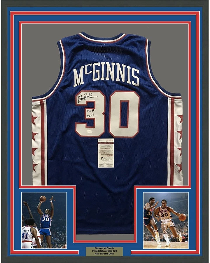 FRAMED Signed GEORGE MCGINNIS 35x39 Philadelphia Blue Jersey JSA COA