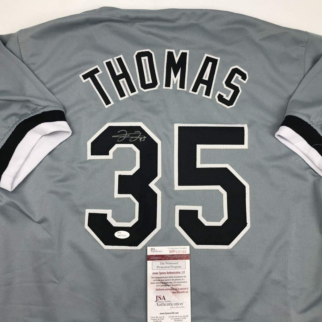 Autographed/Signed FRANK THOMAS Chicago Grey Baseball Jersey JSA COA Auto