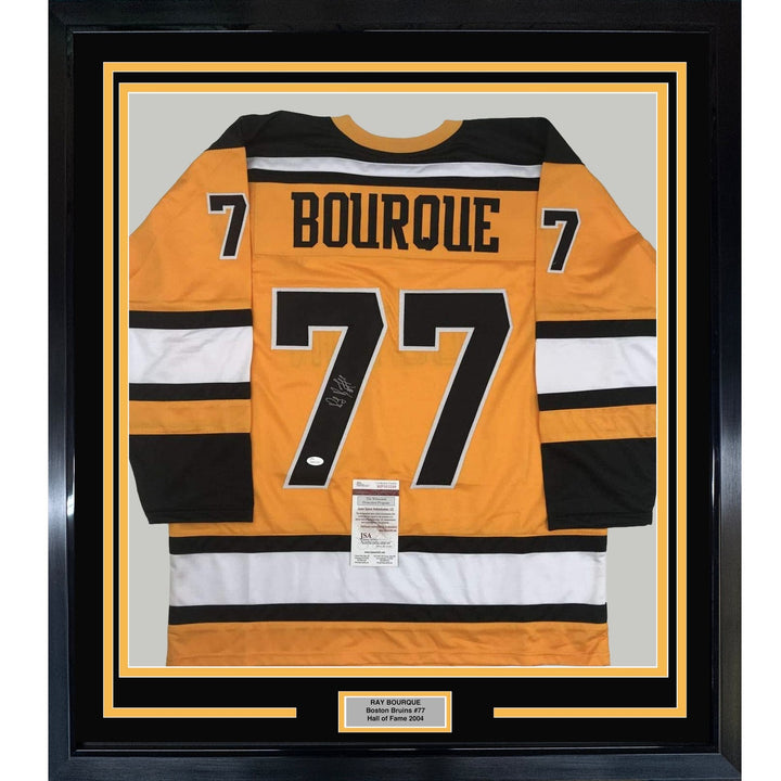 Framed Autographed/Signed Ray Bourque 35x39 Boston Yellow Jersey JSA COA