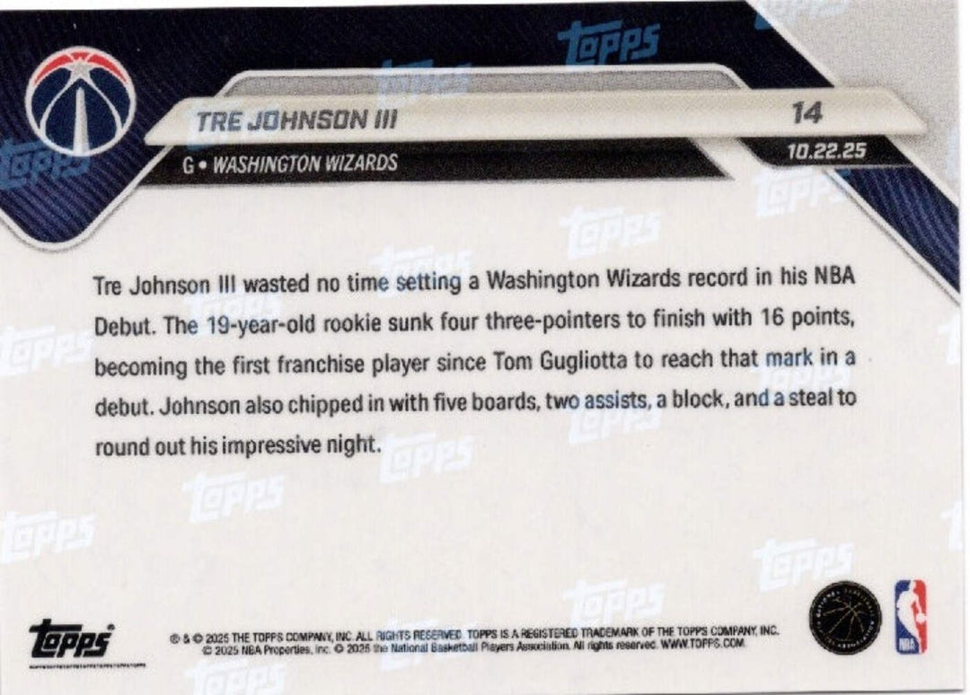 2025 Topps Now Tre Johnson #14 Gold Foil /50 Washington Wizards Rookie RC Card