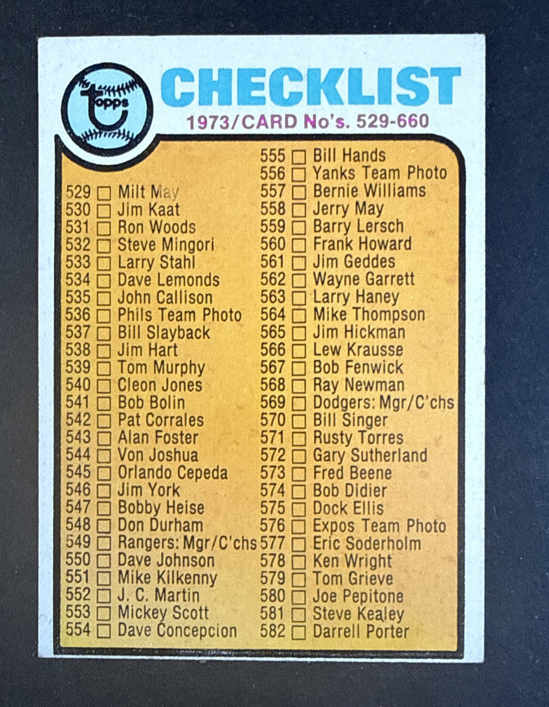 1973 Topps Set Break Baseball Checklist: 529-660 #588 NM Sharp Clean