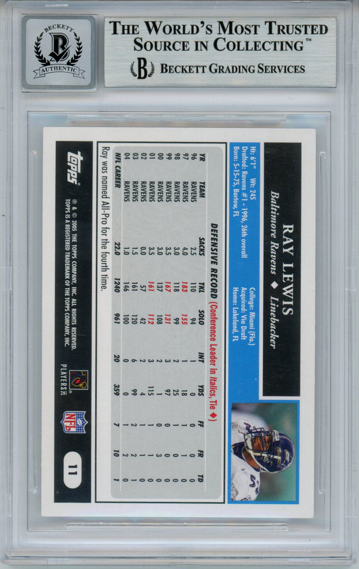 Ray Lewis Autographed 2005 Topps #11 Trading Card Beckett 10 Slab 35239