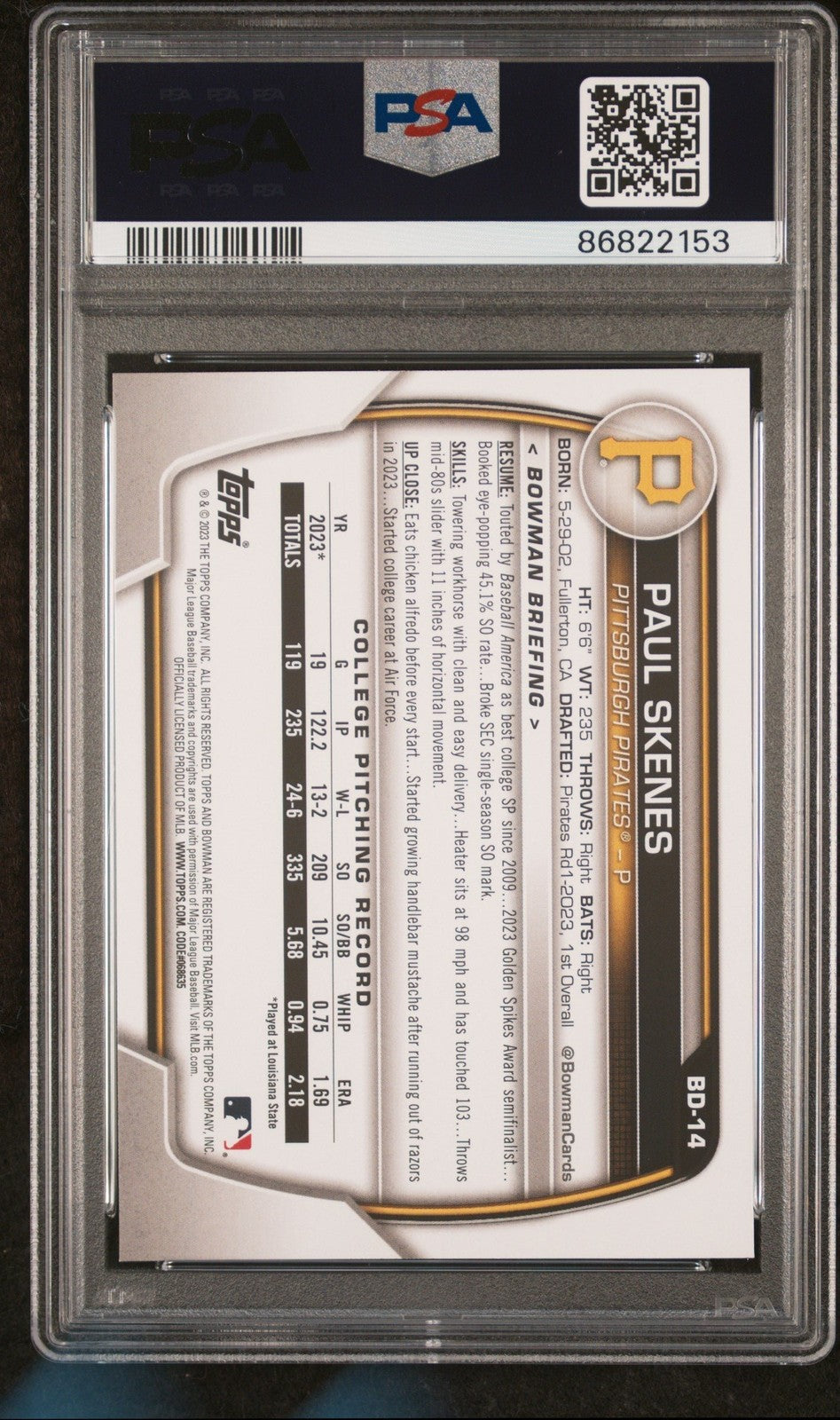Graded 2023 Topps Bowman Draft Paul Skenes #BD14 Rookie RC Card PSA 10