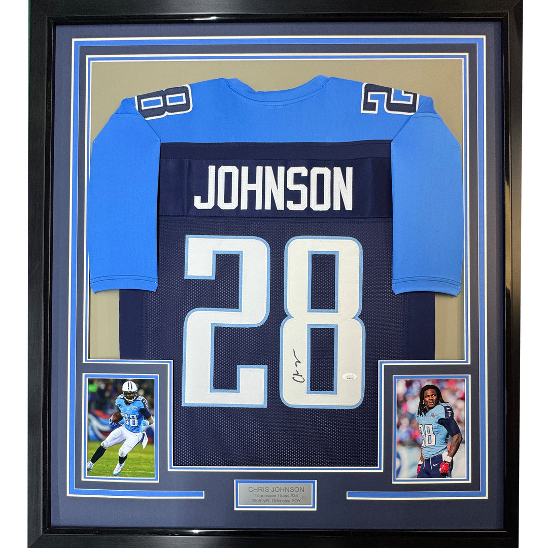 FRAMED Autographed/Signed CHRIS JOHNSON 33x42 Tennessee Dark Blue Jersey JSA COA
